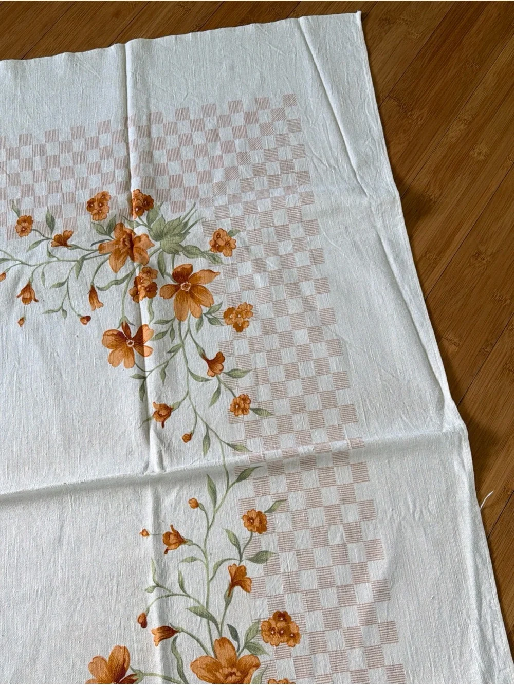Vtg Square Tablecloth Off White Linen Subtle Checkered Border Orange Garland